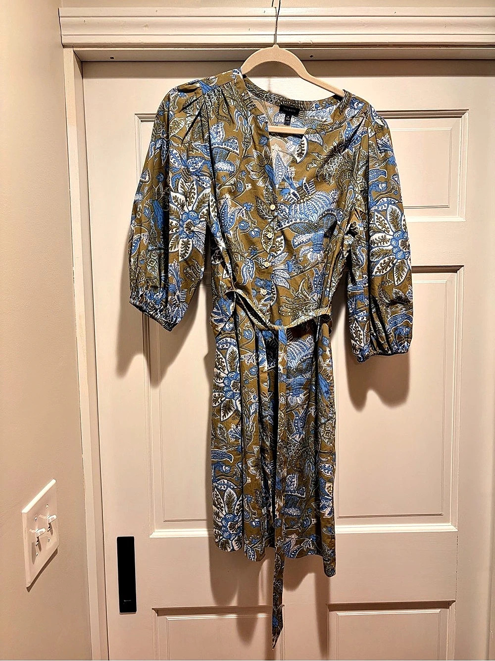 Talbots Olive Green Blue Floral Paisley Cotton Midi Shirt Dress Brown & Blue 10